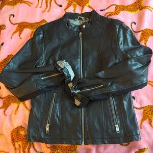 Black Rivet Faux Vegan Leather Jacket Size Small Houndstooth Lining Zipper
